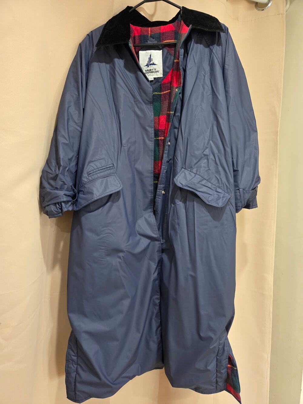 Vintage Misty Harbor blue long rain slicker black corduroy collar flannel lining